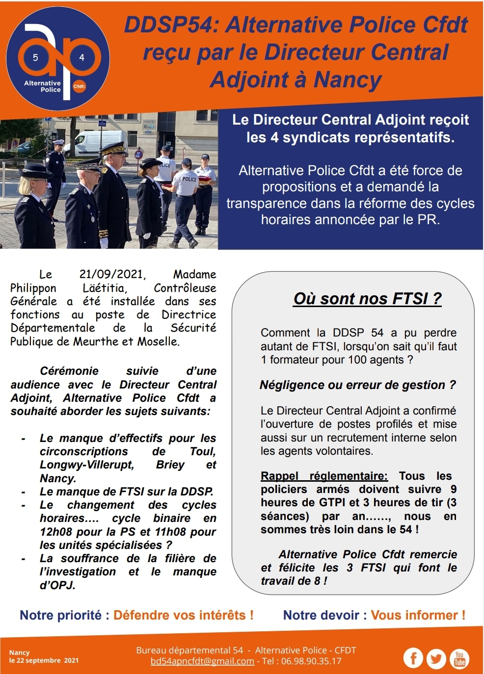 DDSP54: Alternative Police Cfdt reçu par le Directeur Central Adjoint à Nancy