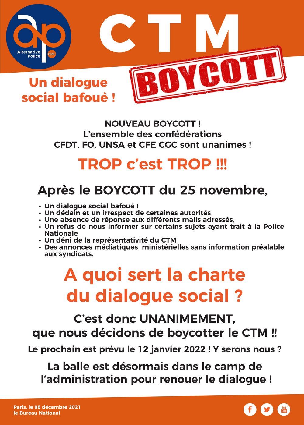Dialogue Social bafoué : boycott du CTM !