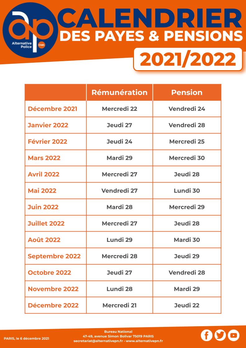 Calendrier des payes et pensions 2022