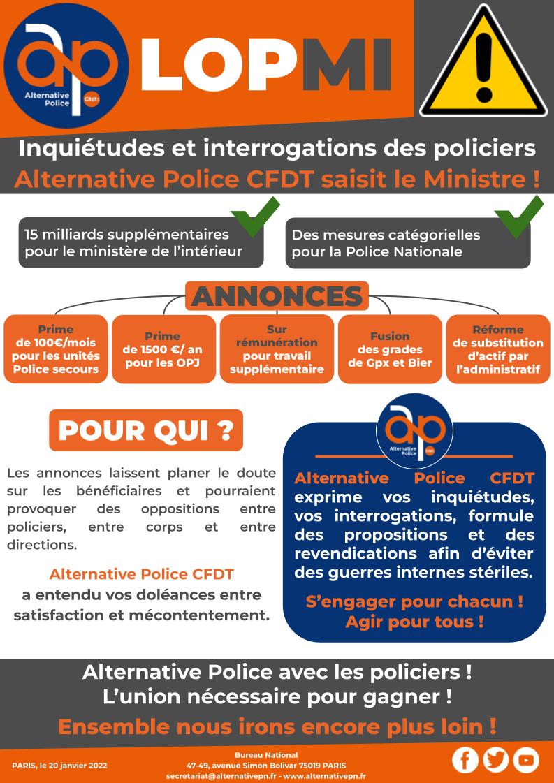 LOPMI - Alternative Police CFDT saisit le Ministre de l'Intérieur.