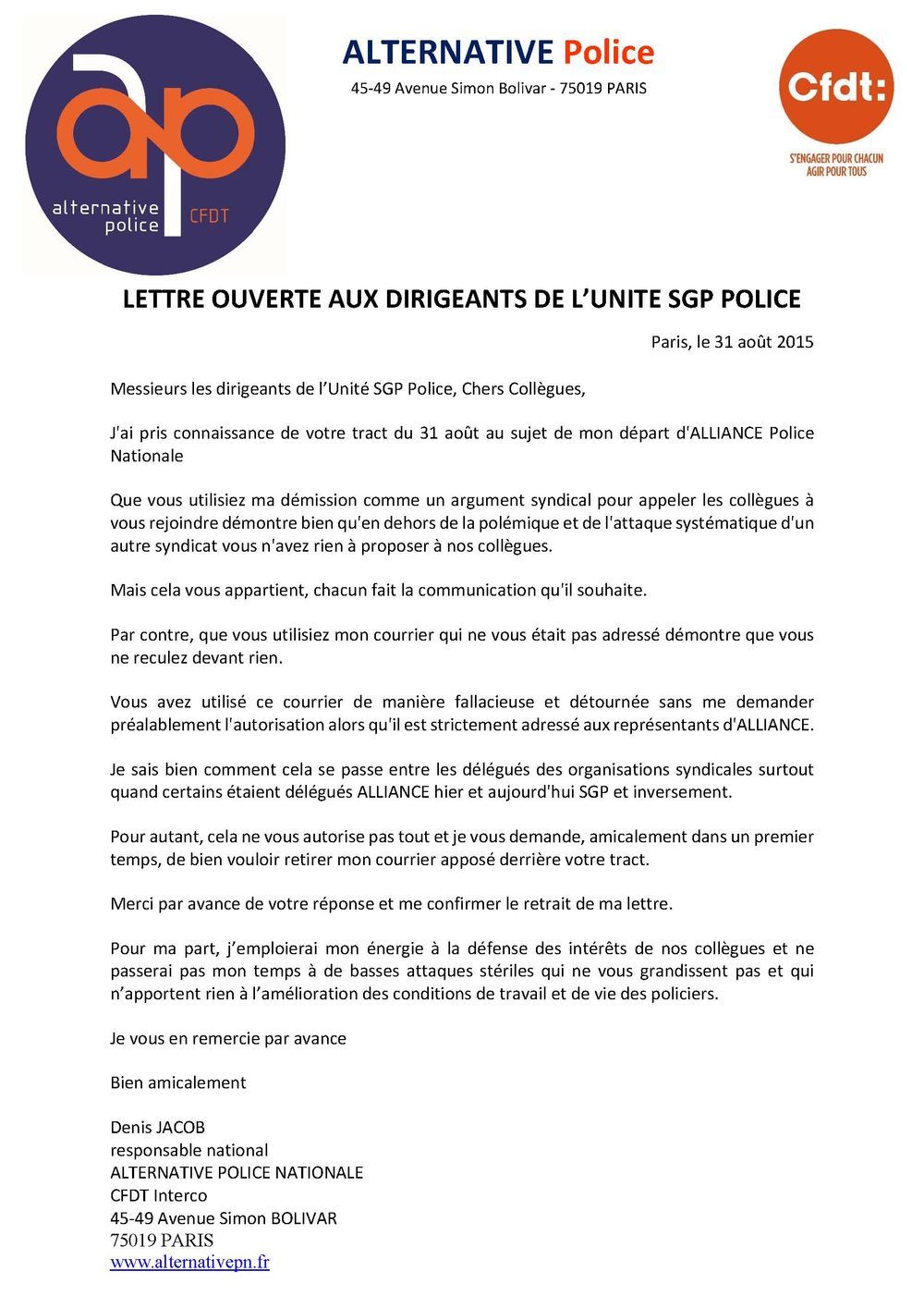 Lettre ouverte à Unite SGP Police