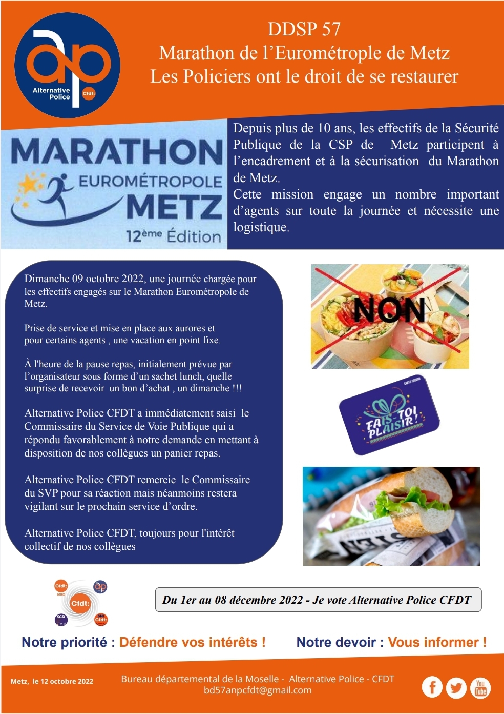 DDSP 57 Marathon de l’Eurométrople de Metz Les Policiers ont le droit de se restaurer