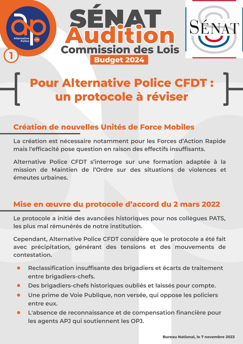 SÉNAT - Audition : pour Alternative Police CFDT, un protocole à réviser