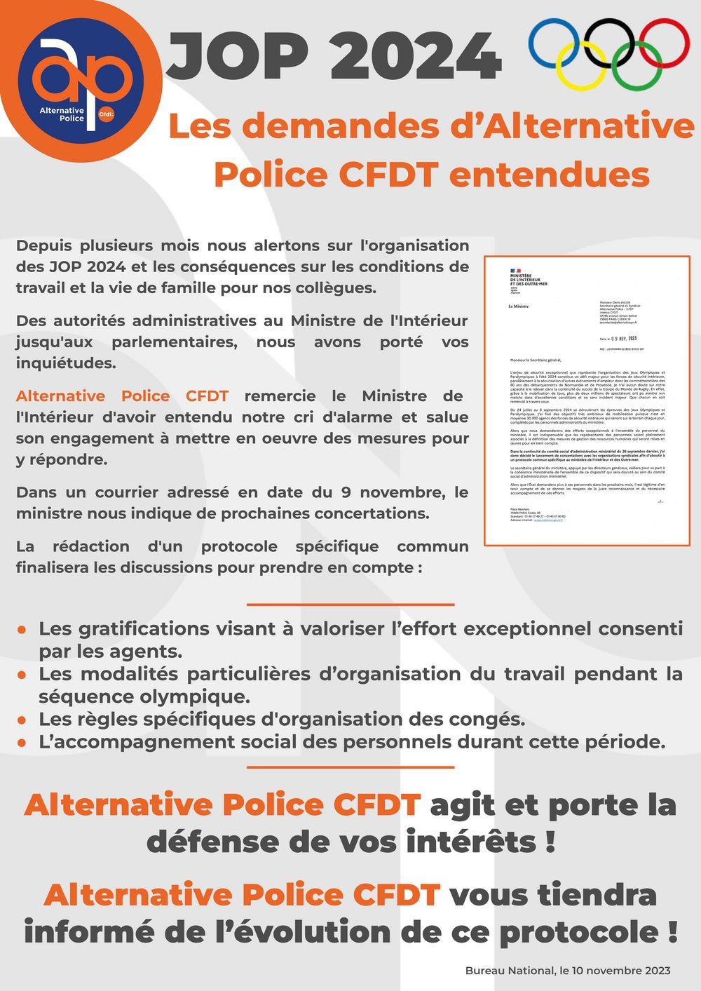 JOP 2024 : Les demandes d’Alternative Police CFDT entendues !