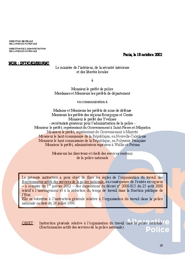 2002.10.18 - Instruction Générale relative à l’Organisation du travail dans la police nationale du 18 octobre 2002 (fonctionnaire actif)