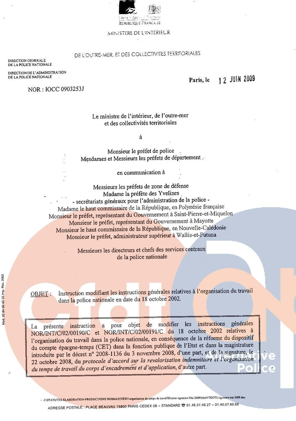 2009.06.12 - Instruction du 12 juin 2009 modifiant l'IGOT (fonctionnaire actif)