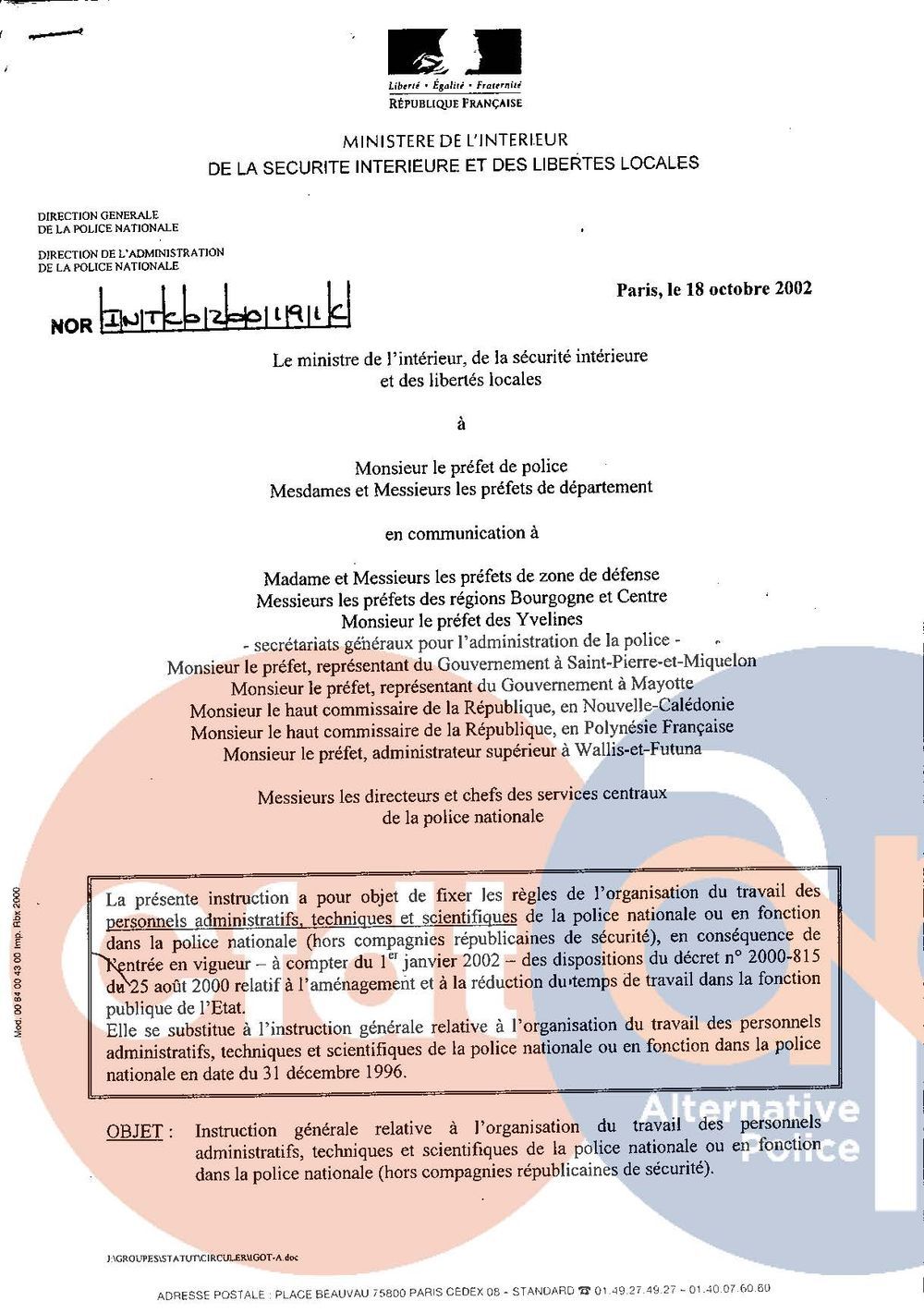 2002.10.18 - Instruction Générale relative à l’Organisation du travail dans la police nationale du 18 octobre 2002 (PATS)