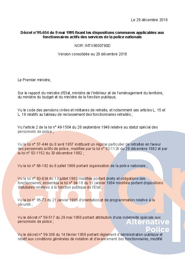 Décret n°95-654 du 9 mai 1995 fixant les dispositions communes applicables aux fonctionnaires actifs des services de la police nationale