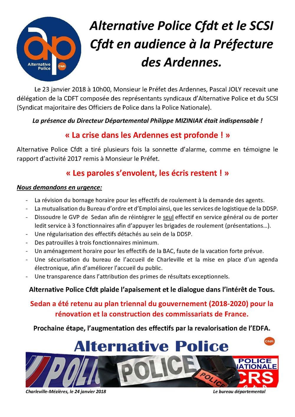 Alternative Police Cfdt et le SCSI Cfdt en audience à la Préfecture des Ardennes.