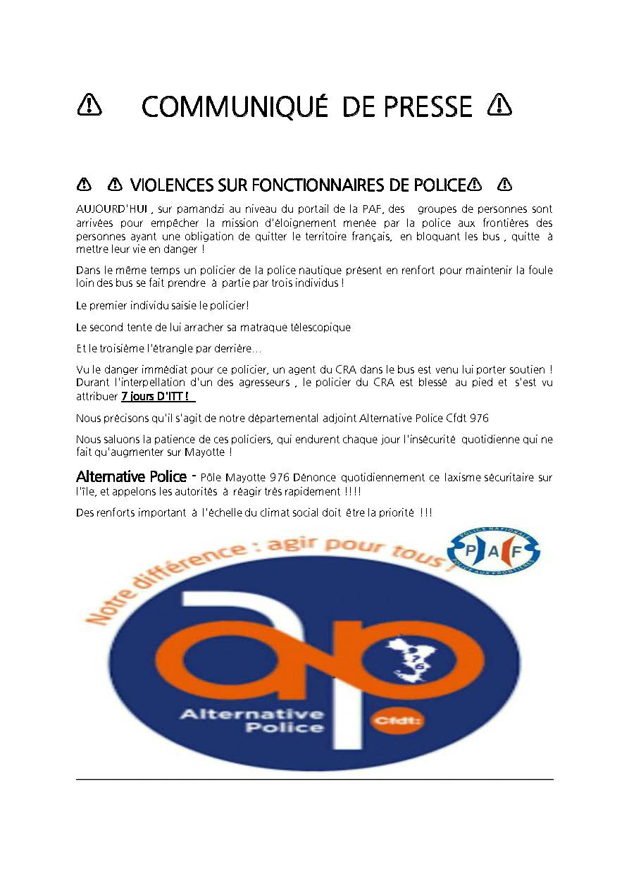 Alternative Police - Pôle Mayotte 976 dénonce des violences à l'encontre de fonctionnaires de Police