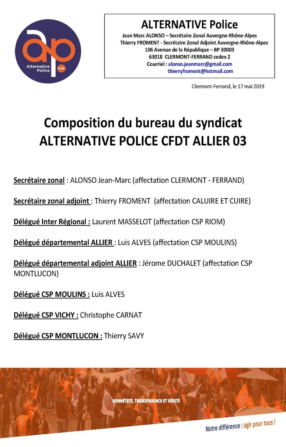 Composition du bureau du syndicat ALTERNATIVE POLICE CFDT ALLIER 03