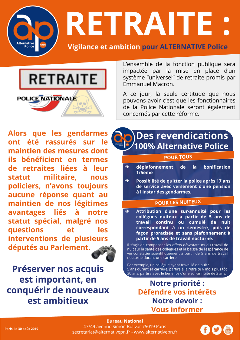 RETRAITE : Vigilance et ambition pour ALTERNATIVE Police