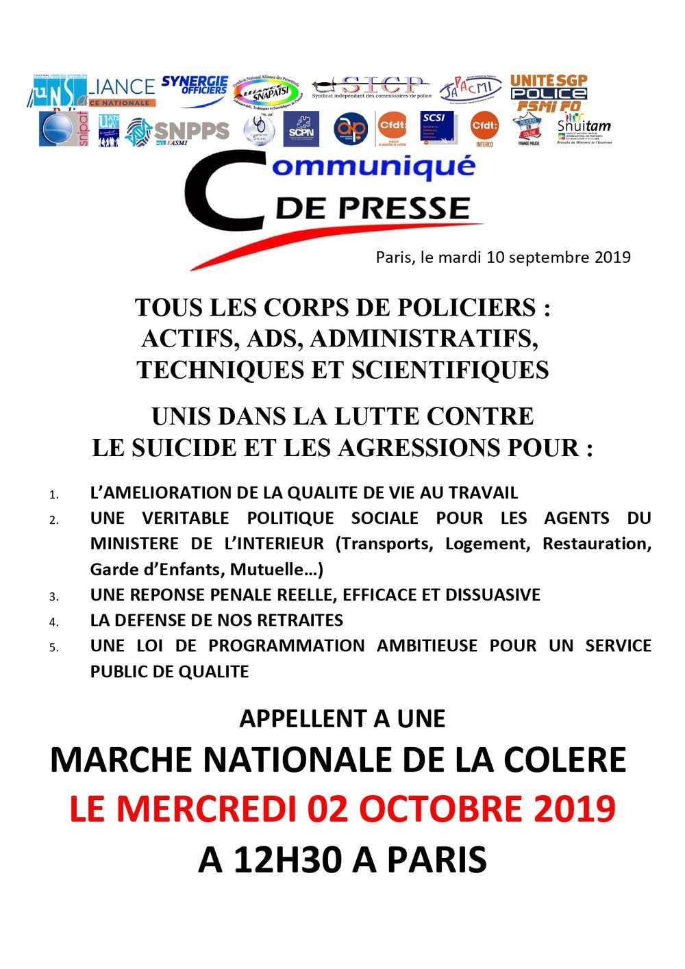 MARCHE NATIONALE DE LA COLÈRE LE 02 OCTOBRE 2019