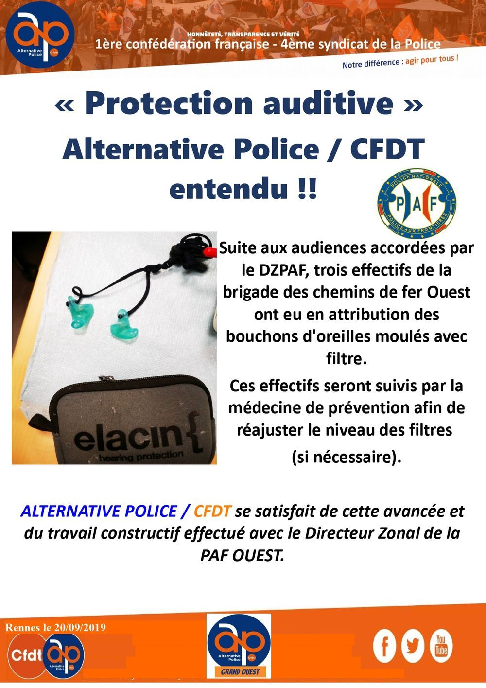 Protection auditive Alternative Police / CFDT entendu !!