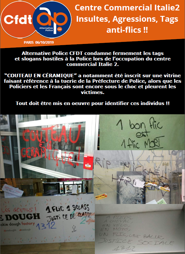 Centre Commercial Italie 2 : Insultes, Agressions, Tags anti-flics !!