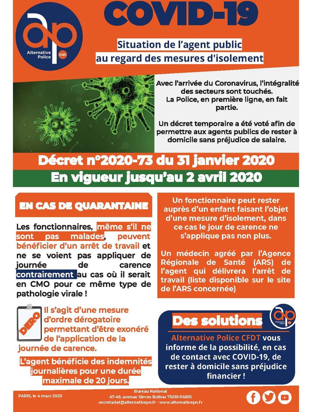 Coranavirus : confinement et garantie de salaires pour les agents