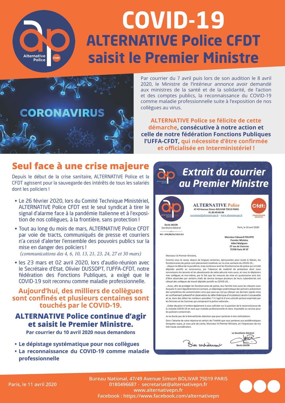 COVID-19 : Alternative Police CFDT saisit le Premier Ministre