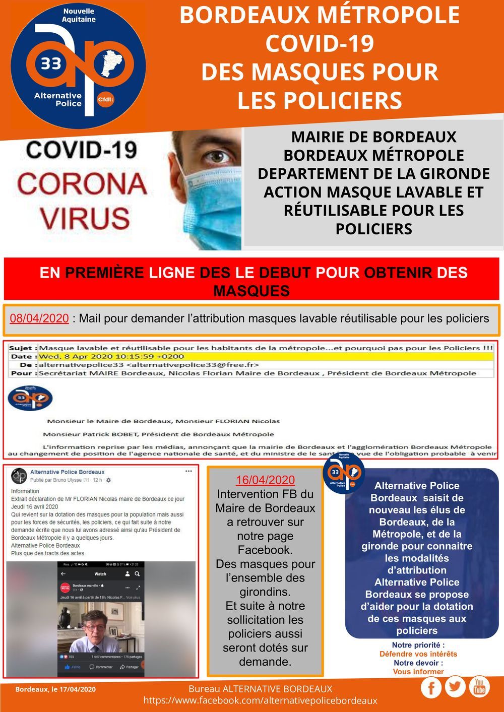 Covid-19 : action masque lavable et réutilisable pour les policiers en première ligne à Bordeaux 