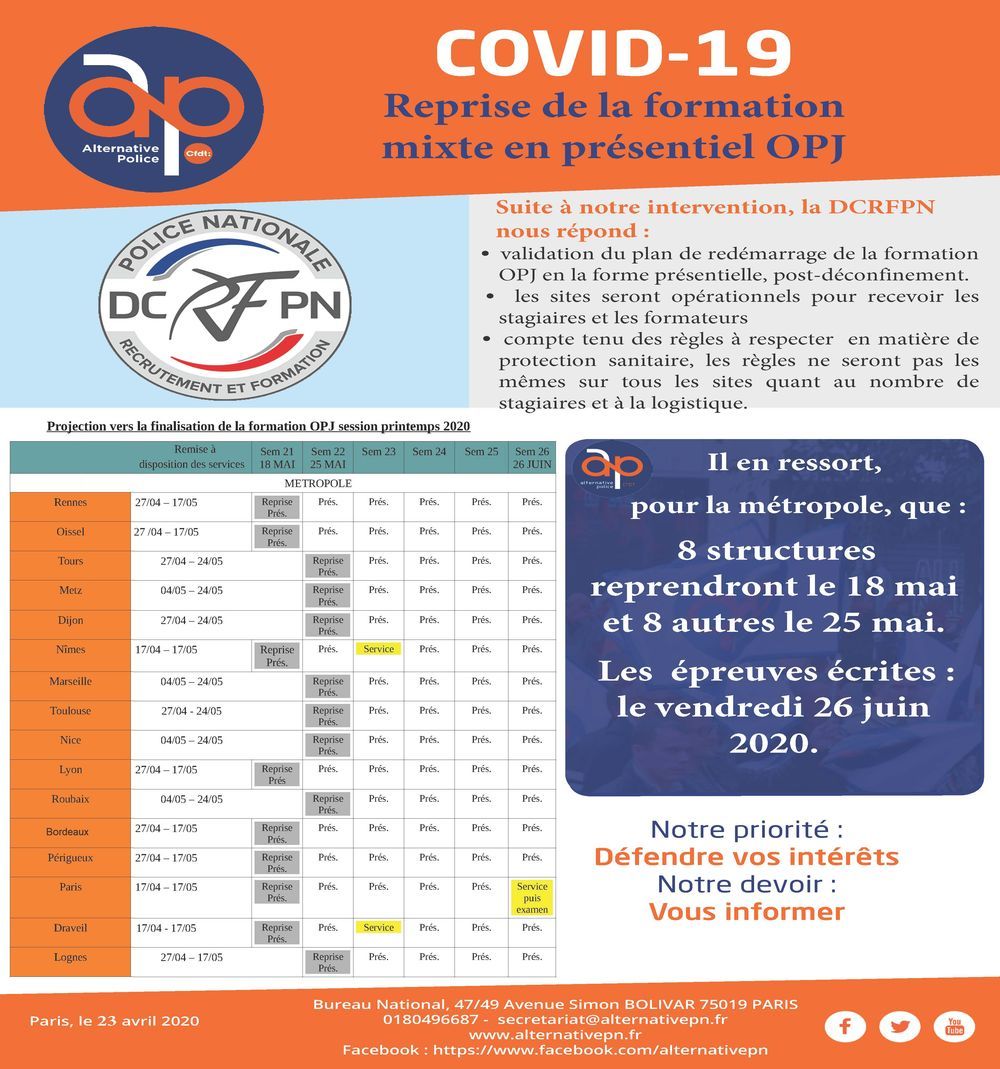 COVID-19 : Reprise de la formation mixte en présentiel OPJ