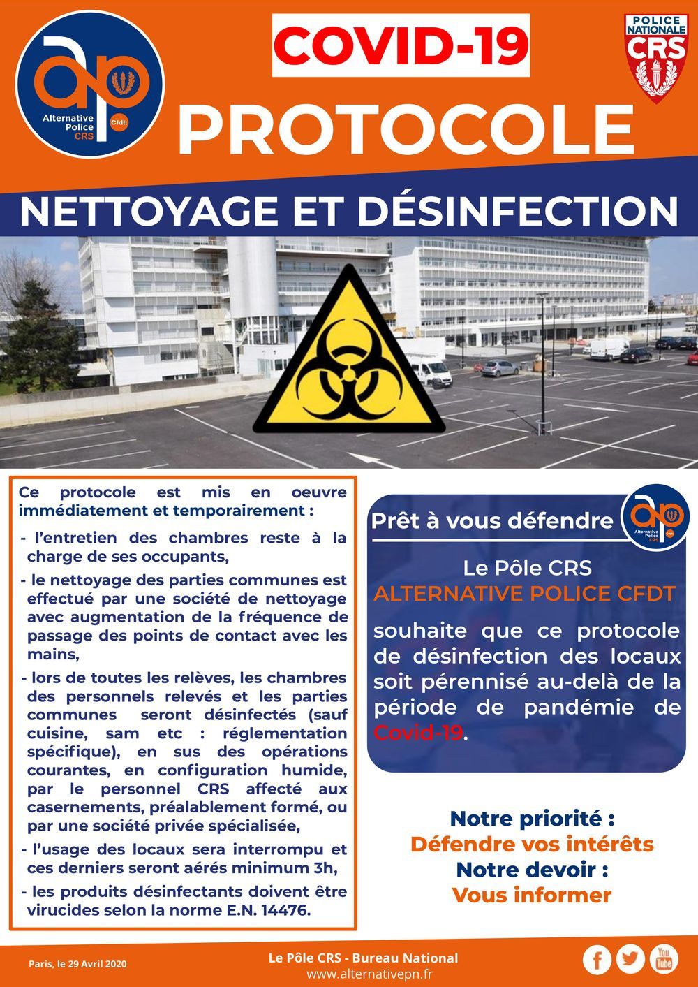 Covid-19 : Protocole de nettoyage et de désinfection des casernements CRS