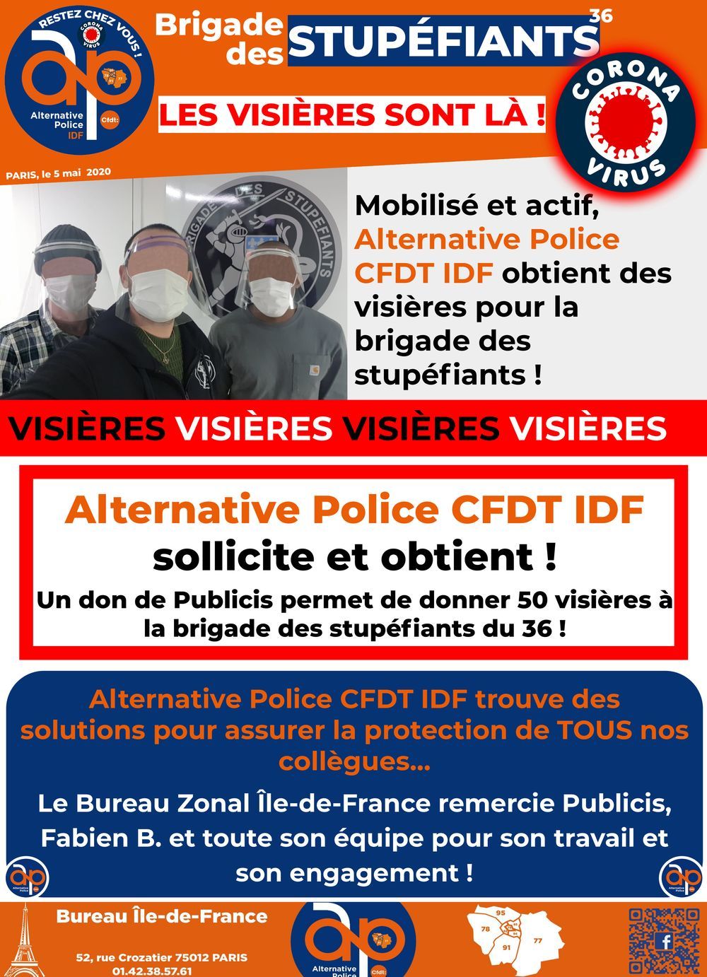 Mobilisé et actif, Alternative Police CFDT IDF obtient des visières pour la brigade des stupéfiants ! 