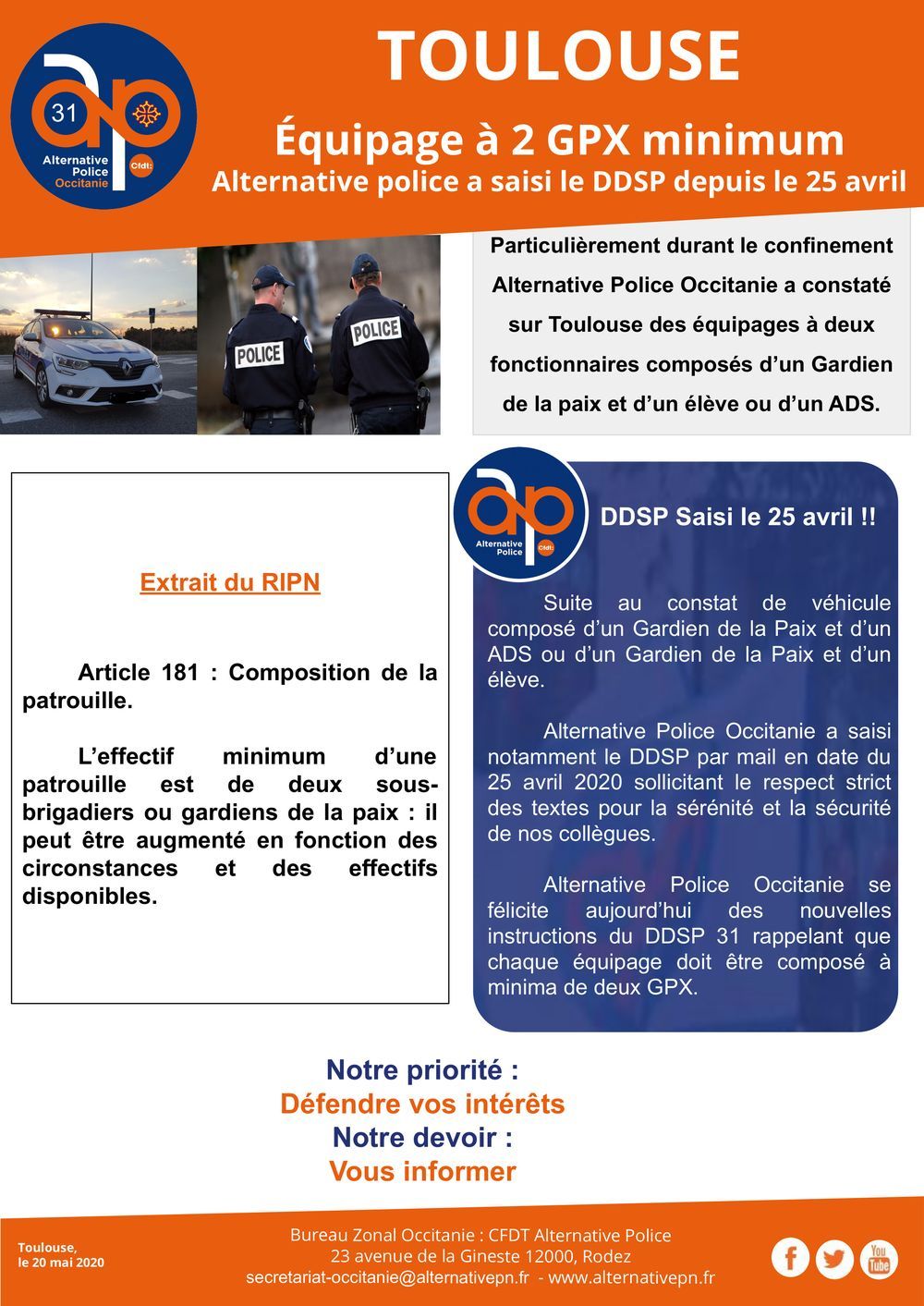 Toulouse : Équipage à 2 GPX MINIMUM ! Le DDSP saisit le 25 avril 2020