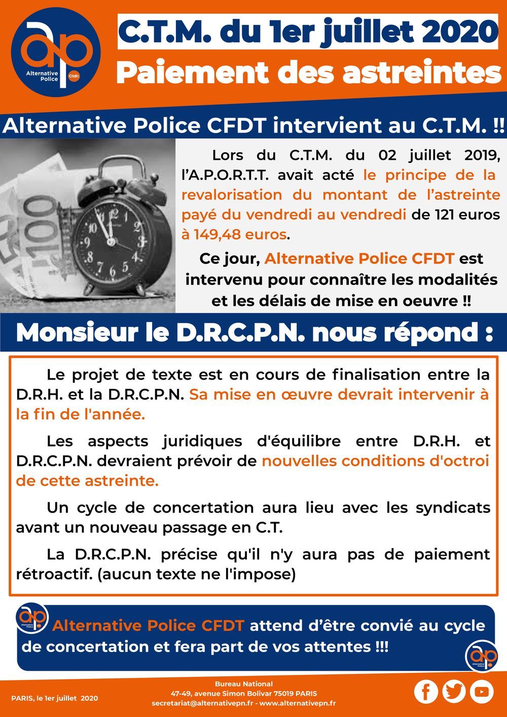 C.T.M. du 1er juillet 2020 : paiement des astreintes !