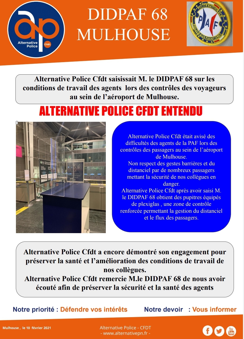 DIDPAF 68 - Alternative Police CFDT intervient pour vos conditions de travail 
